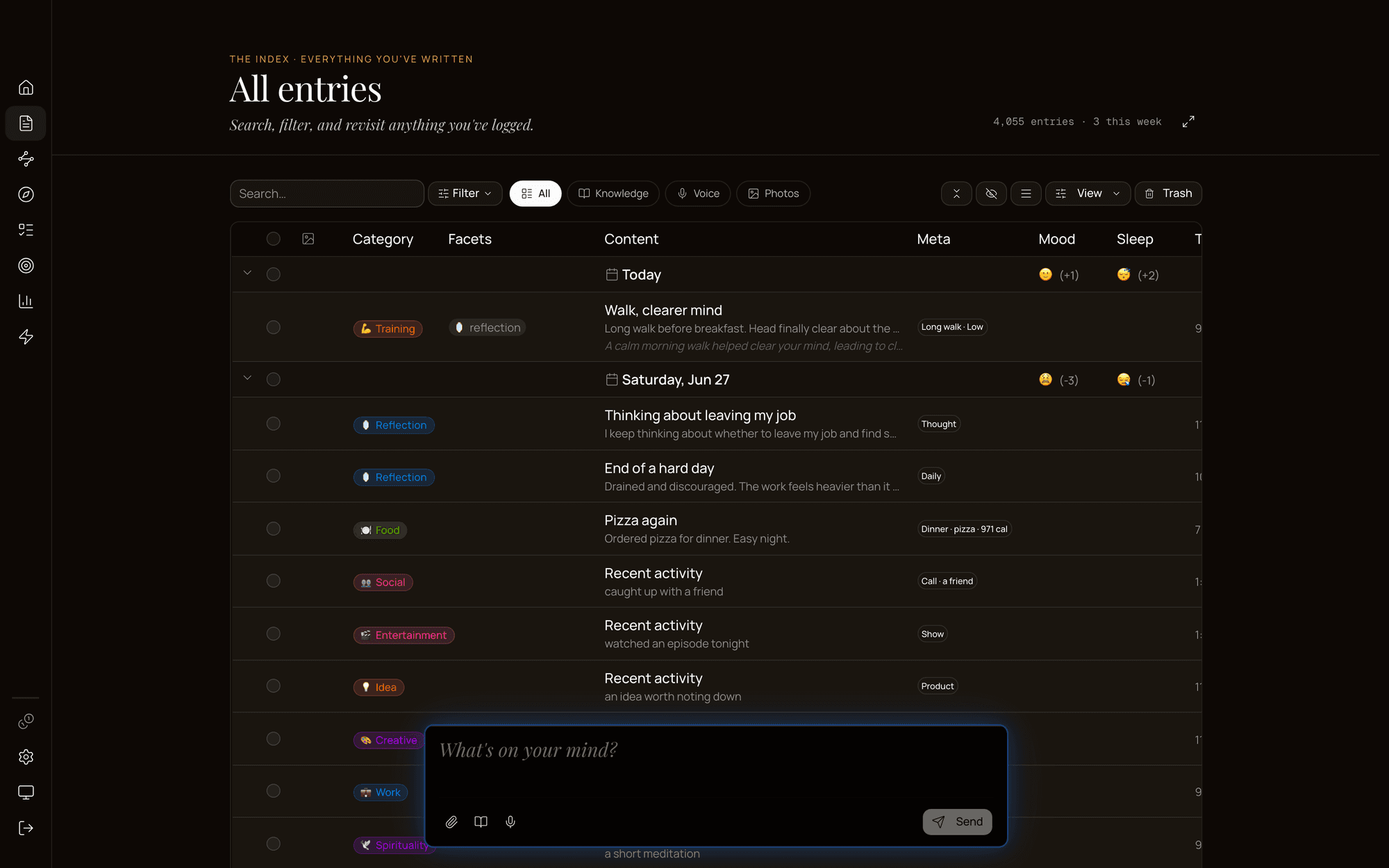 kagame entries library showing categorized, structured journal entries
